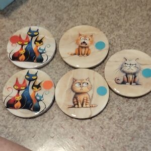 Cute Cartoon Cat Ceramic Coasters - Beige with Multi-Color Cat Designs